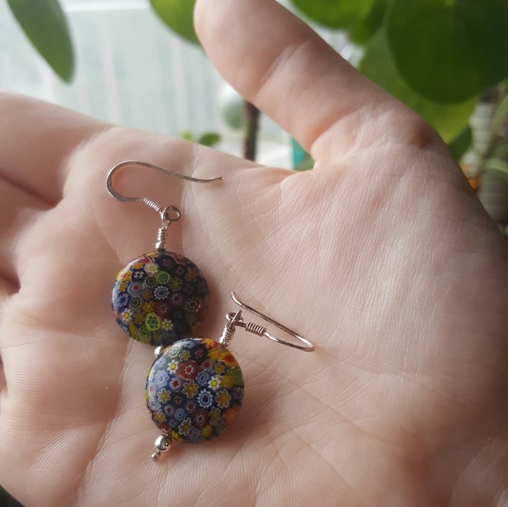 Multicolored Blown Glass Round Floral Earrings